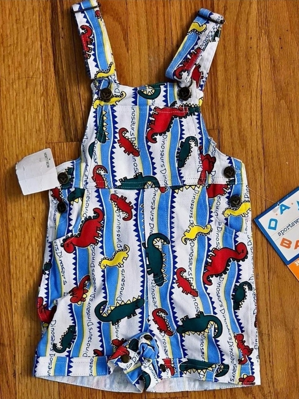 VINTAGE 1994 BABY D.A.Y. SPORTSWEAR DINOSAUR SHORTALLS